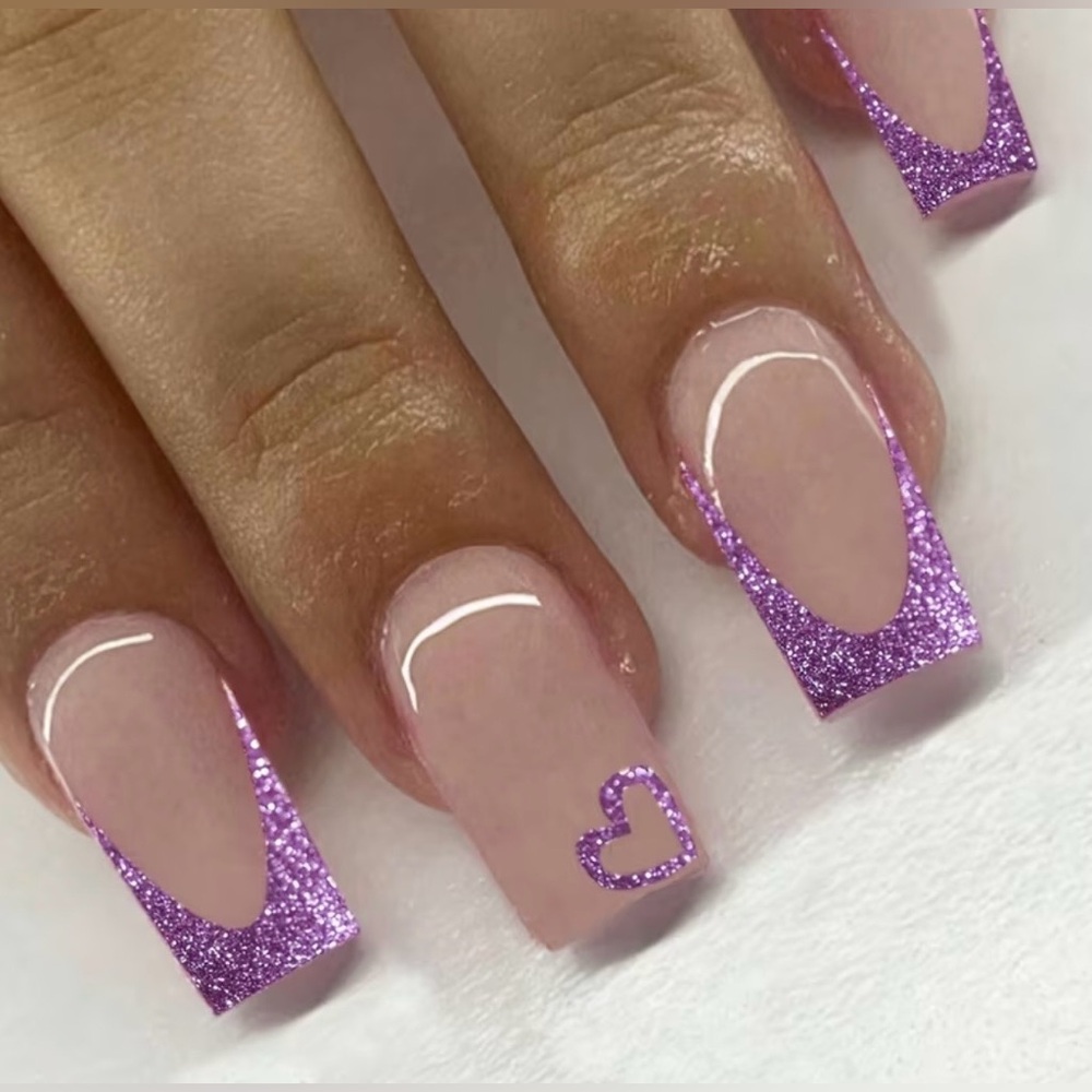 Brand New 24pcs French Purple Glitter & Heart Design Press On Nails